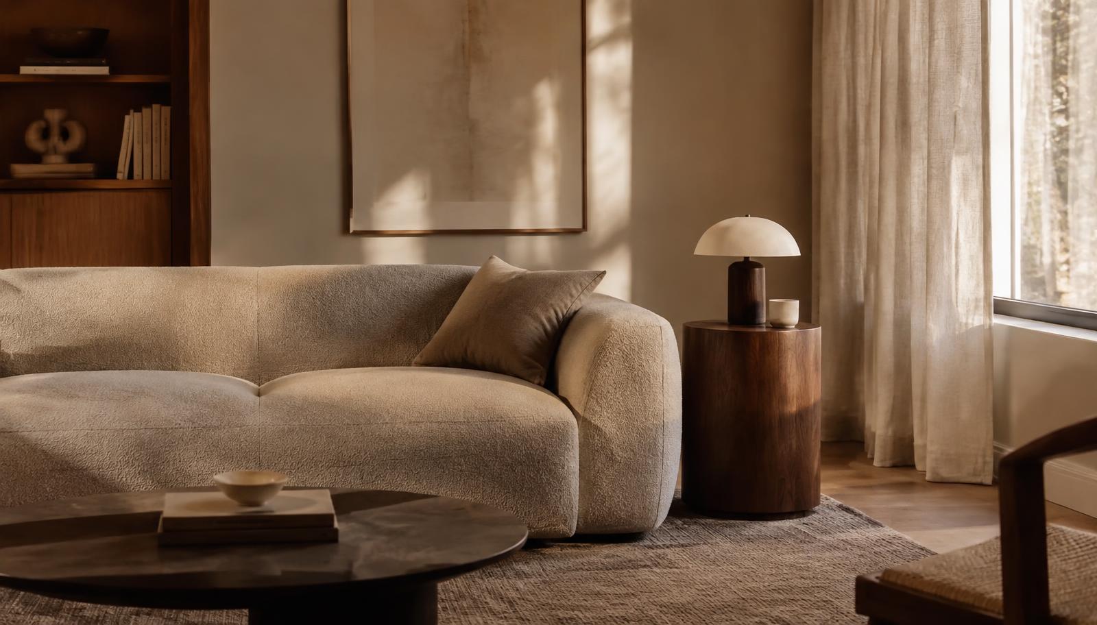 Warm eingerichtetes Wohnzimmer mit Sofa und Beistelltisch